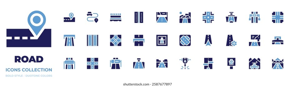 Road icon collection. Bold style. Duotone colors. placeholder, crossroads, motorway, vehicle, navigation, highway, lane, sign, crossing, mountain, architecture and city, toll, roundabout, settings.