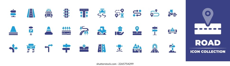 Road icon collection. Duotone color. Vector illustration. Containing street sign, road, holidays, traffic light, slippery road, route, road roller, traffic cone, direction, forest, steamroller.