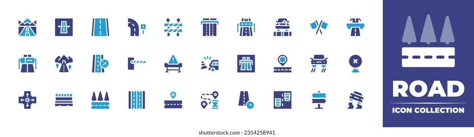 Road icon collection. Duotone color. Vector and transparent illustration. Containing road, turn, flags, way, street, parking barrier, smooth road, block, lane, signs, slippery, and more
