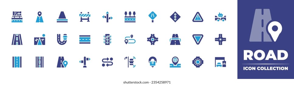 Road icon collection. Duotone color. Vector and transparent illustration. Containing road, traffic cone, traffic barrier, danger, car accident, fast, yield, road intersection, signpost, and more.