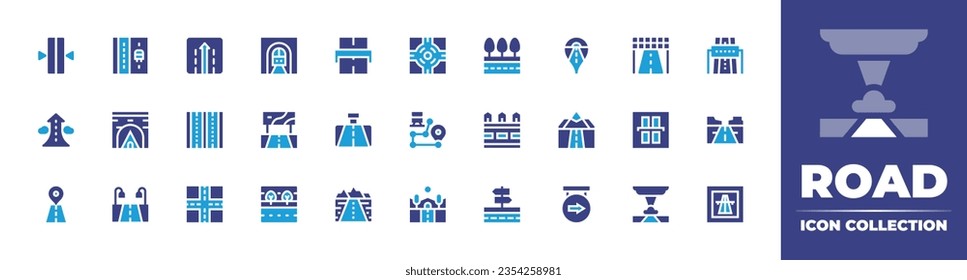 Road icon collection. Duotone color. Vector and transparent illustration. Containing road, directions, signage, continuous line, bus lane, growth, tunnel, map, highway, traffic sign, start, and more.