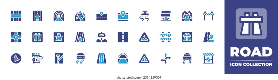 Road icon collection. Duotone color. Vector and transparent illustration. Containing slippery road, signpost, pothole, barrier, side, sign, rainbow, route, road, block, motorway, and more.