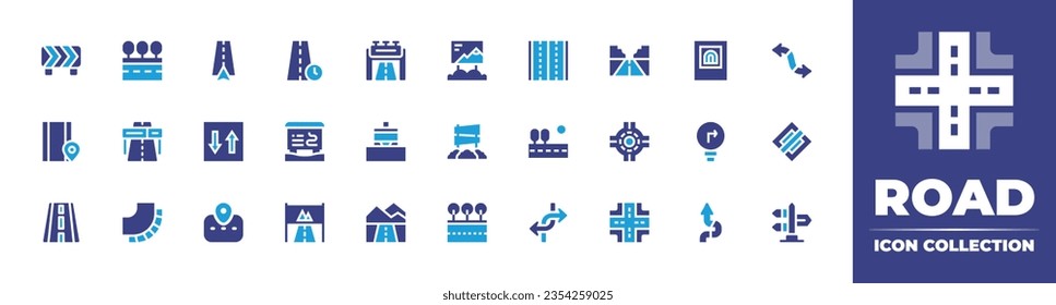 Road icon collection. Duotone color. Vector and transparent illustration. Containing road barrier, road, highway sign, curve, navigation, time, tunnel, double arrow, priority, ski resort, and more.