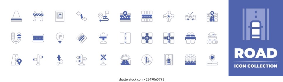 Road icon collection. Duotone style line stroke and bold. Vector illustration. Containing traffic, cone, barrier, tunnel, double, arrow, distance, road, parking, area, roundabout, car, and more.