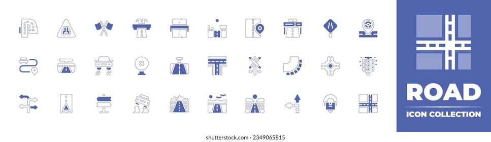Road icon collection. Duotone style line stroke and bold. Vector illustration. Containing highway, narrow, flags, way, toll, road, architecture, and, city, sign, traffic, location, vehicle, and more.