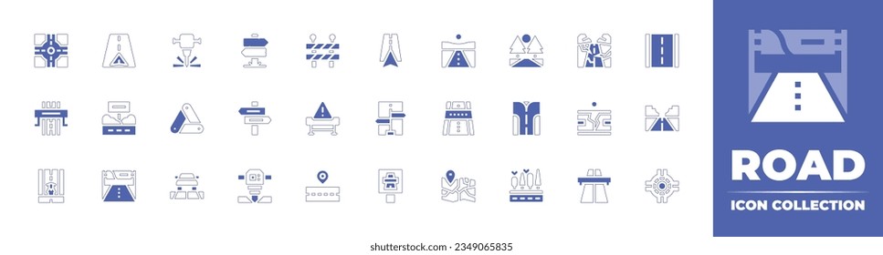 Road icon collection. Duotone style line stroke and bold. Vector illustration. Containing roundabout, gps, jackhammer, road, sign, barrier, navigation, highway, warning, directional, fork, and more.