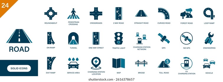 Road icon. Containing pedestrian crosswalk, loop ramp, two way road, curved road, traffic.
