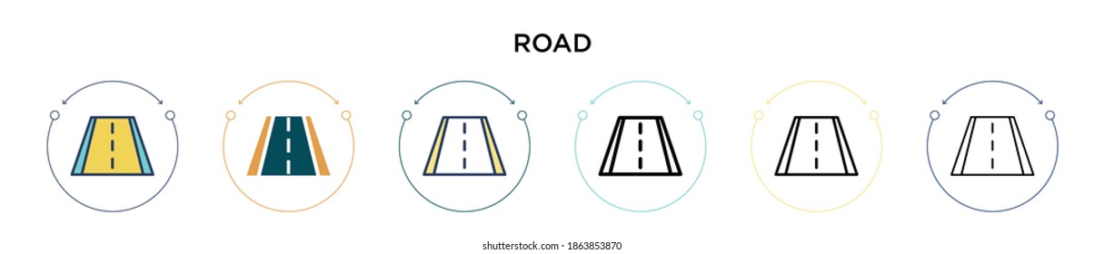 Road icon in filled, thin line, outline and stroke style. Vector illustration of two colored and black road vector icons designs can be used for mobile, ui, web