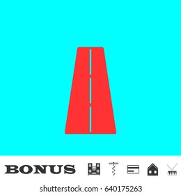 Road icon flat. Red pictogram on blue background. Vector illustration symbol and bonus buttons Music center, corkscrew, credit card, house, drum