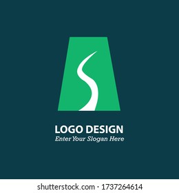 
Road icon inside the trapezoid. Abstract logo with road and trapezoidal shapes. The design logo is blue and green