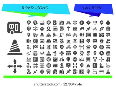  road icon set. 120 filled road icons. Simple modern icons about  - Caravan, Directions, Cone, Pin, Location, Bridge, Place, Gas station, Falling debris, Tandem, Direction, Traffic signal
