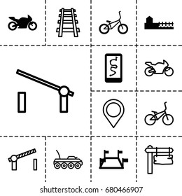 Road icon. set of 13 filled and outline road icons such as avenue, motorbike, bicycle, locations, barrier, direction board, railway, road barrier, map location, military car