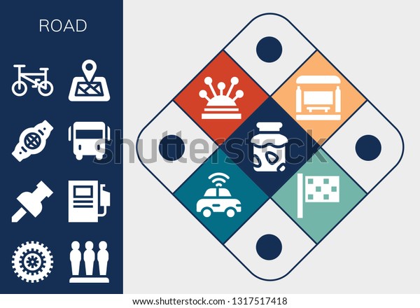 road icon set. 13\
filled road icons.  Simple modern icons about  - Jam, Bicycle,\
Barrier, Pin, Fuel station, Belt, Bus, Location pin, Bus stop,\
Pins, Autonomous car, Finish\
flag