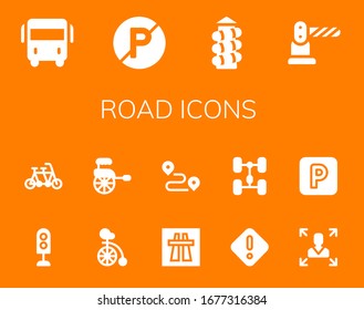road icon set. 14 filled road icons.  Simple modern icons such as: Bus, No parking, Slide, Barrier, Traffic light, Tandem, Unicycle, Rickshaw, Motorway, Track, Danger, Chassis