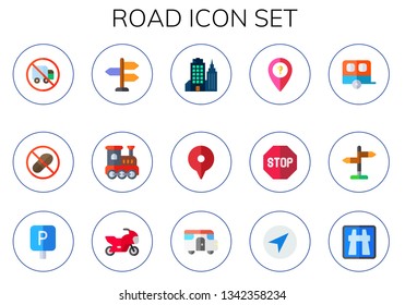 road icon set. 15 flat road icons.  Collection Of - no trucks, no step, sign post, railroad, cityscape, location, stop, caravan, sign, parking, motorbike, navigation, highway