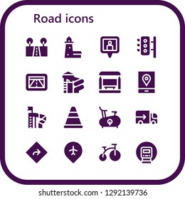  road icon set. 16 filled road icons. Simple modern icons about  - Street, Split point, Location pin, Traffic lights, Gps, Slide, Bus stop, Cone, Bike, Lorry, Direction, Pin, Railway