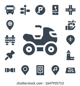 road icon set. 17 filled road icons. Included Bus, Pin, Bridge, Quad, Motorbike, Split point, Seat belt, Signpost, No parking, Gps, Location, Crossroad, Route icons