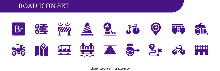road icon set. 18 filled road icons.  Simple modern icons such as: Bridge, Woods, Barrier, Cone, Landscape, Bike, Parking sign, Caravan, Quad, Maps, Transportation, Road, Rickshaw
