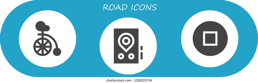 road icon set. 3 filled road icons.  Collection Of - Unicycle, Gps, Stop