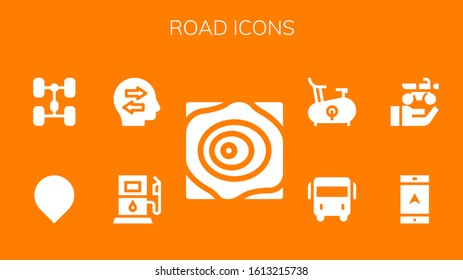 road icon set. 9 filled road icons.  Simple modern icons such as: Maps, Gas station, Confused, Location, Chassis, Navigation, Motorbike, Bus, Bike