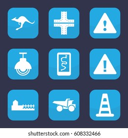 Road icon. set of 9 filled road icons such as kangaroo, cone barrier, road, truck, avenue, street lamp, warning