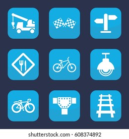 Road icon. set of 9 filled road icons such as road, truck with hook, bicycle, railway, restaurant, street lamp, finish flag
