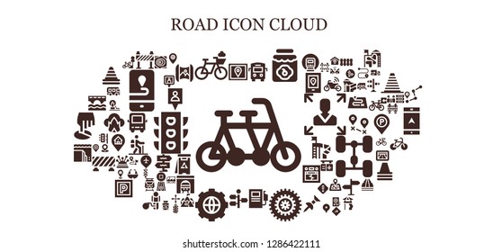  road icon set. 93 filled road icons. Simple modern icons about  - Tandem, Gps, Barrier, Bicycle, Bus, Jam, Fuel station, Signpost, Options, Landslide, Bridge, Maps, Pin, Parking