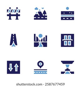 Road icon set. Bold style. Duotone colors. road barrier, navigation, priority, mountain road, road, motorway, tornado.