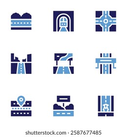 Road icon set. Bold style. Duotone colors. road, tunnel, billboard, roundabout, highway, sign, racing game.