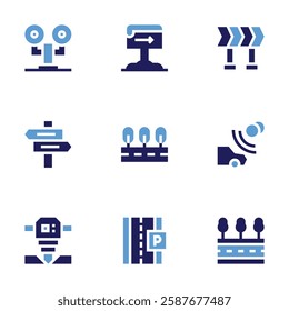 Road icon set. Bold style. Duotone colors. traffic light, signboard, directional sign, road drill, road, diversion, toll, parking.