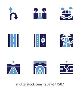 Road icon set. Bold style. Duotone colors. road sign, road trip, road, roads, street, bus lane, tunnel.