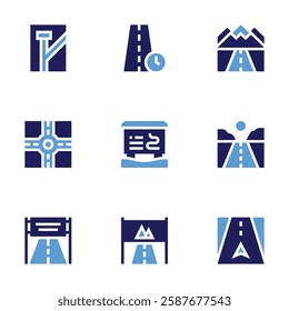 Road icon set. Bold style. Duotone colors. road banner, time, ski resort, sign, road, no through road.