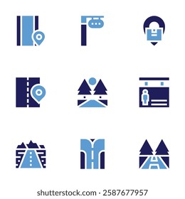 Road icon set. Bold style. Duotone colors. architecture and city, tracking, trafficlights, pedestrian, road, fork road, highway.