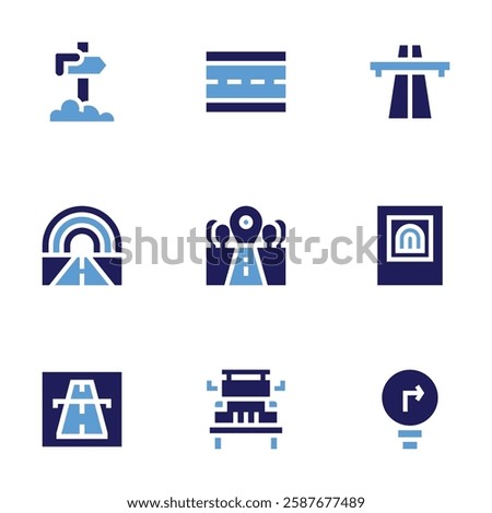 Road icon set. Bold style. Duotone colors. road, off road, highway, tunnel, turn right, road sign, rainbow, motorway.