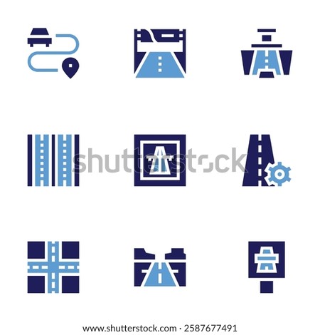 Road icon set. Bold style. Duotone colors. vehicle, lane, highway, architecture and city, motorway, rearview mirror, billboard, settings.