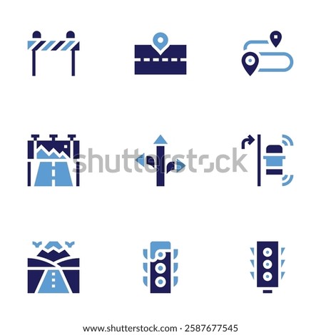 Road icon set. Bold style. Duotone colors. traffic light, road block, sign, route, right turn, road, road banner.