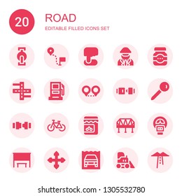 road icon set. Collection of 20 filled road icons included Pedal, Direction, Position, Driver, Jam, Street, Gasoline station, Location, Seat belt, Pin, Safety belt, Bicycle, Bridge