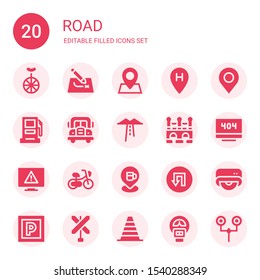 road icon set. Collection of 20 filled road icons included Unicycle, Route, Pin, Location, Gasoline station, Bus, Bridge, Error, Bicycle, Traffic signal, Drive, Parking, Railroad