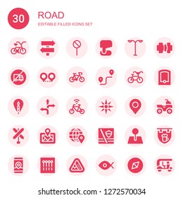 road icon set. Collection of 30 filled road icons included Bicycle, Sign Post, Street sign, Position, Street light, No trucks, Location, Bike, Route, Road sign, Navigation, Pin