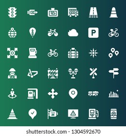 road icon set. Collection of 36 filled road icons included Gps, Gas station, Error, Signboard, Location, Cone, Cityscape, Bus, Direction, Position, Directions, Railroad, Street light