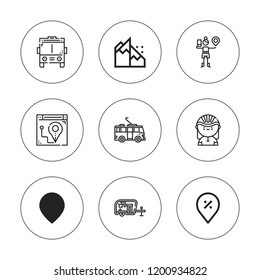 Road icon set. collection of 9 outline road icons with bus, caravan, cyclist, location, gps, landslide, pin, route icons. editable icons.