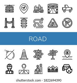 conjunto de iconos de ruta. Colección de teleférico, barrera, gps, semáforo, tren aéreo, ruta, calle caminante, bache, jeep, no girar a la derecha, no hay bomba, cámara, cono, ubicación, iconos de la señal