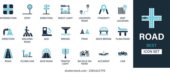 Road icon set collection. Intersection, stop, direction, night light, location road, map, direction, walking, gas, bridge and best solid icon set.