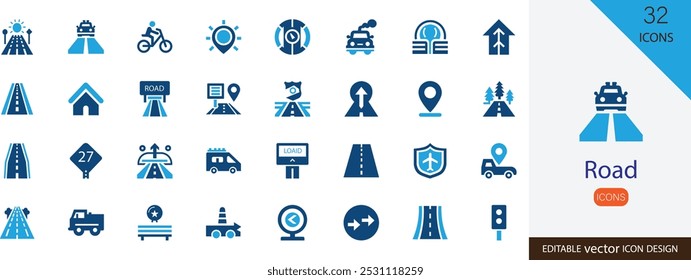 Conjunto de ícones de estrada. contendo veículo, carro, estrada, estrada, seta, lado e mais design de vetor