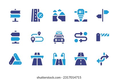 Road icon set. Duotone color. Vector illustration. Containing road signs, street, mountain, road drill, direction, street sign, route, holidays, barrier, warning sign, road, highway, junction.