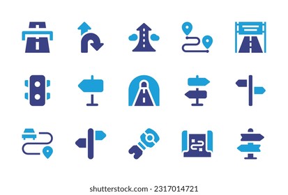 Straßensymbol-Set. Duotonfarbe. Vektorgrafik. Mit Mautstraße, Verkehrszeichen, Wachstum, Entfernung, Straßenbanner, Ampel, Richtungsschild, Tunnel, Wegweiser, Fahrzeug, Stamm, Karte, Tafel.