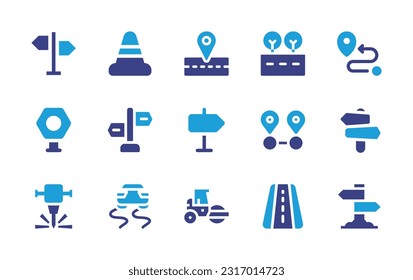 Road icon set. Duotone color. Vector illustration. Containing direction sign, traffic cone, road, direction, sign, distance, jackhammer, slippery, road roller.