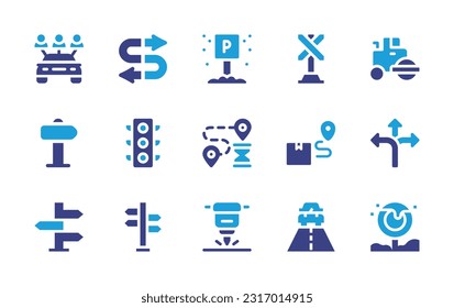 Road icon set. Duotone color. Vector illustration. Containing car rental, two ways, parking sign, sign, steamroller, signboard, traffic light, route, directions, road sign, direction, jackhammer.