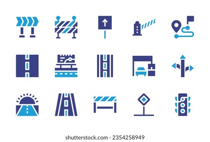 Road icon set. Duotone color. Vector illustration. Containing diversion, barrier, straight, traffic barrier, distance, road, fence, toll, road sign, main, traffic light, billboard.