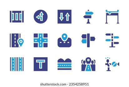 Road icon set. Duotone color. Vector illustration. Containing signpost, road sign, sign, priority, road, crosswalk, direction, route, crossroad, traffic barrier, motorway, dead end street. 